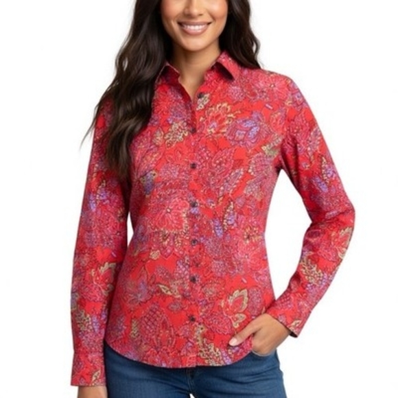 Lands' End Women's No Iron Supima Cotton Paisley Floral Blouse 10 Long Sleeve EX - Picture 2 of 7